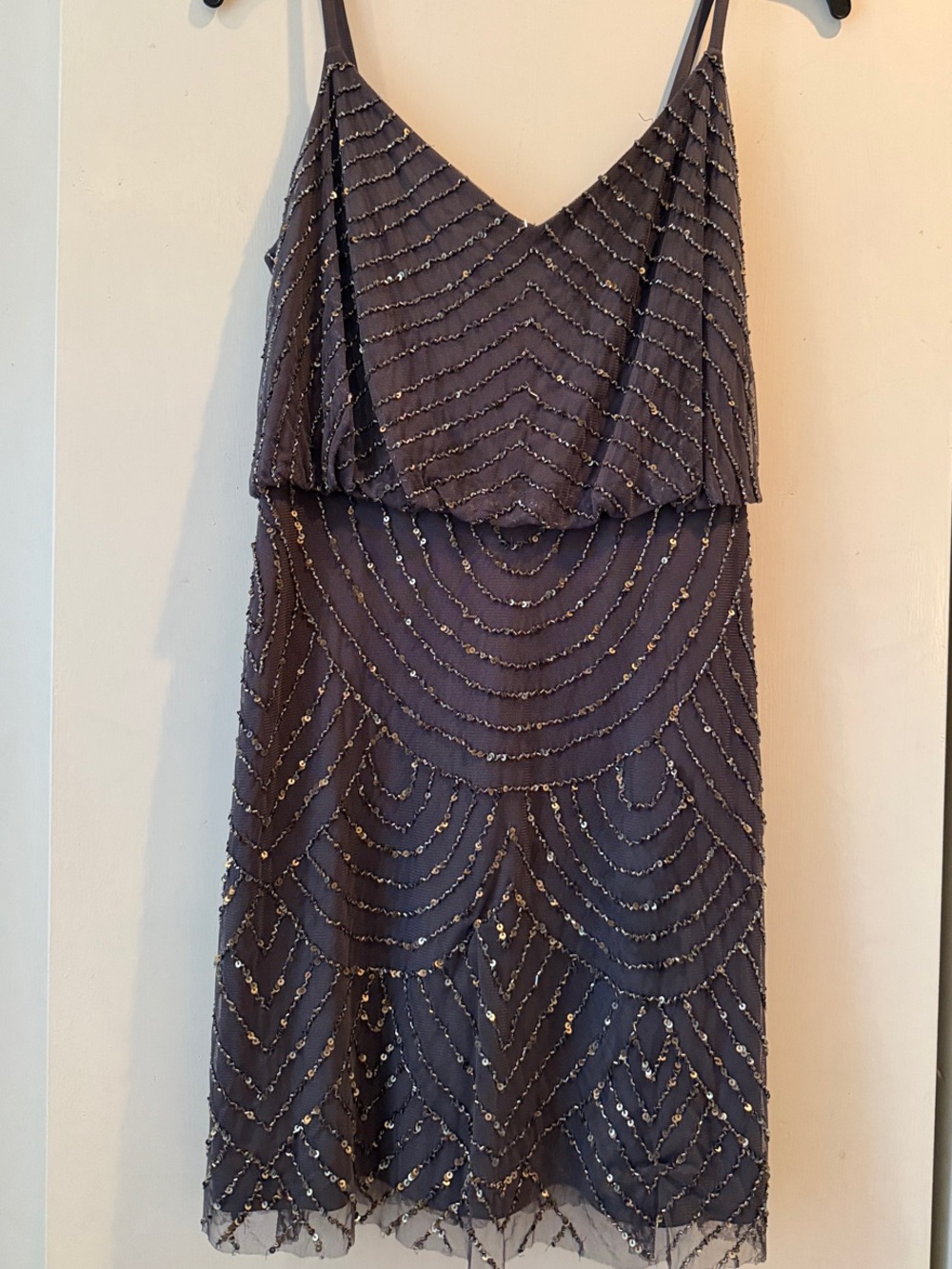 Adrianna Papell Charcoal Gray Beaded V-Neck Spaghetti Strap Mini Dress